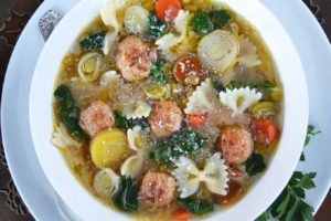 farfalle pasta, vegetable & chicken meatball soup | rusticplate.com