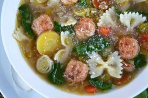 farfalle pasta, vegetable & chicken meatball soup | rusticplate.com