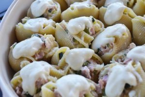 lumaconi pasta with zucchini, ham & béchamel | rusticplate.com