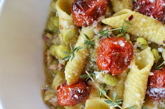 garganelli pasta with fava beans, pancetta & roasted cherry tomatoes | rusticplate.com