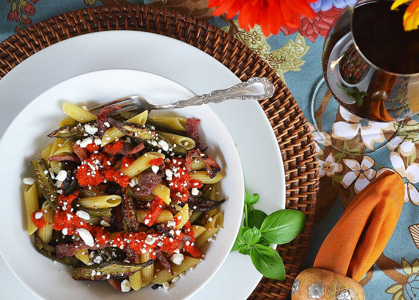 pasta with okra, goat cheese & red pepper sauce | rusticplate.com
