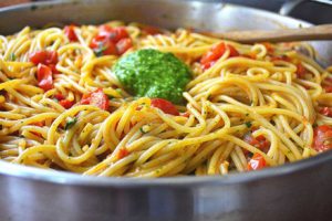 spaghetti with pomodorini & pesto | rusticplate.com